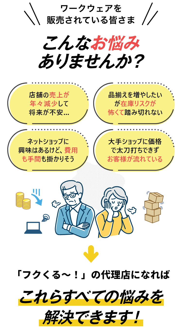 ワークウェアを販売されている皆さまこんなお悩みありませんか？　ワークウェアのフクくる～！